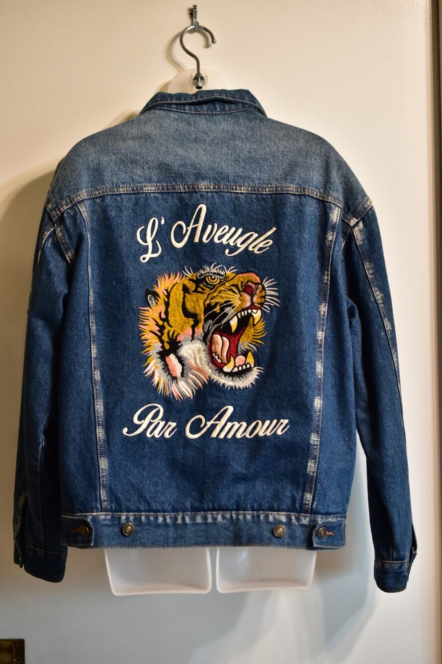Gucci Tiger Embroidered L'Aveugle Par Amour Denim Jacket Size 48 XL Plaid